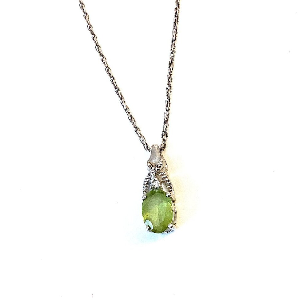 Vintage Peridot Necklace, Sterling Silver with CZ and Green Stone Pendant - Picture 7 of 12